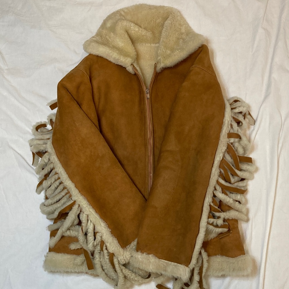 Suede Shearling-Trim Jacket in Tan